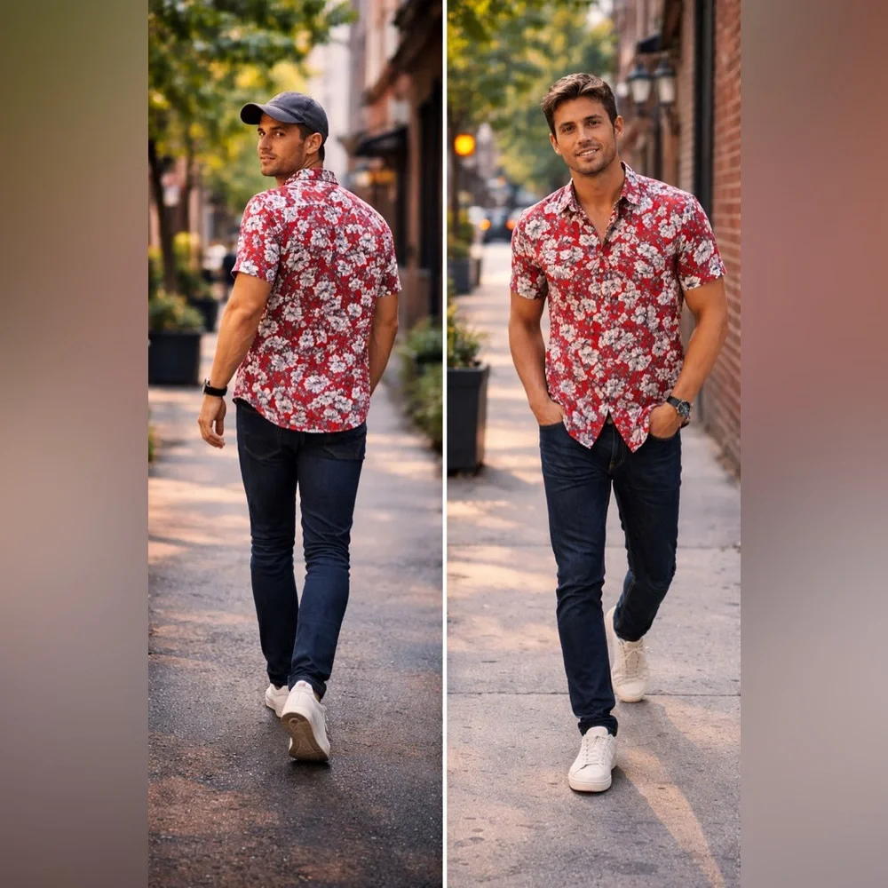Red Floral J Crew Secret Wash Shirt Slim Medium